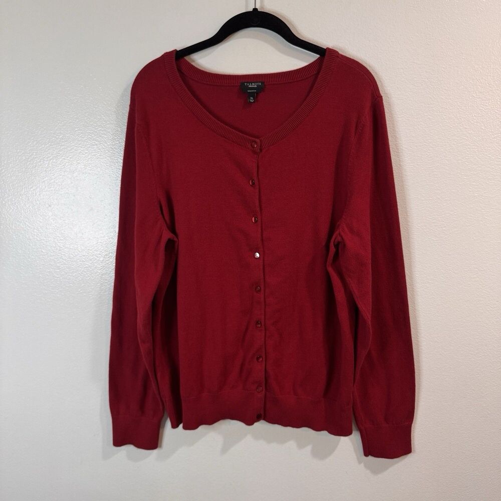 Talbots Cardigan Sweater XL Button Front Pima Cotton Red Knit Holiday Preppy